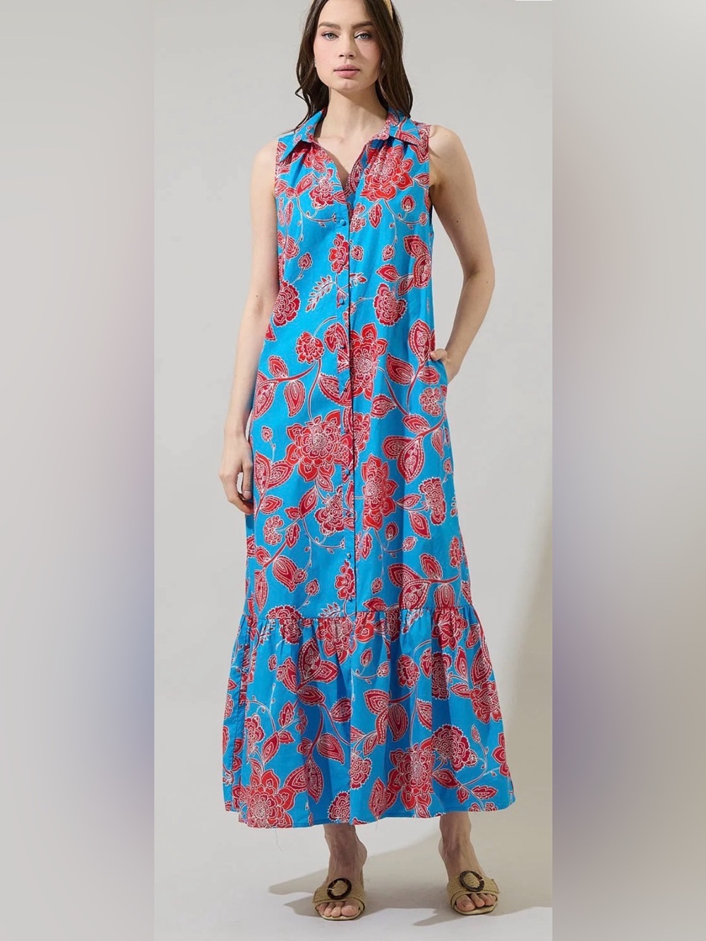 Sugarlips Ripon Floral Cileah Collared Maxi Dress Pockets Size Large Cotton